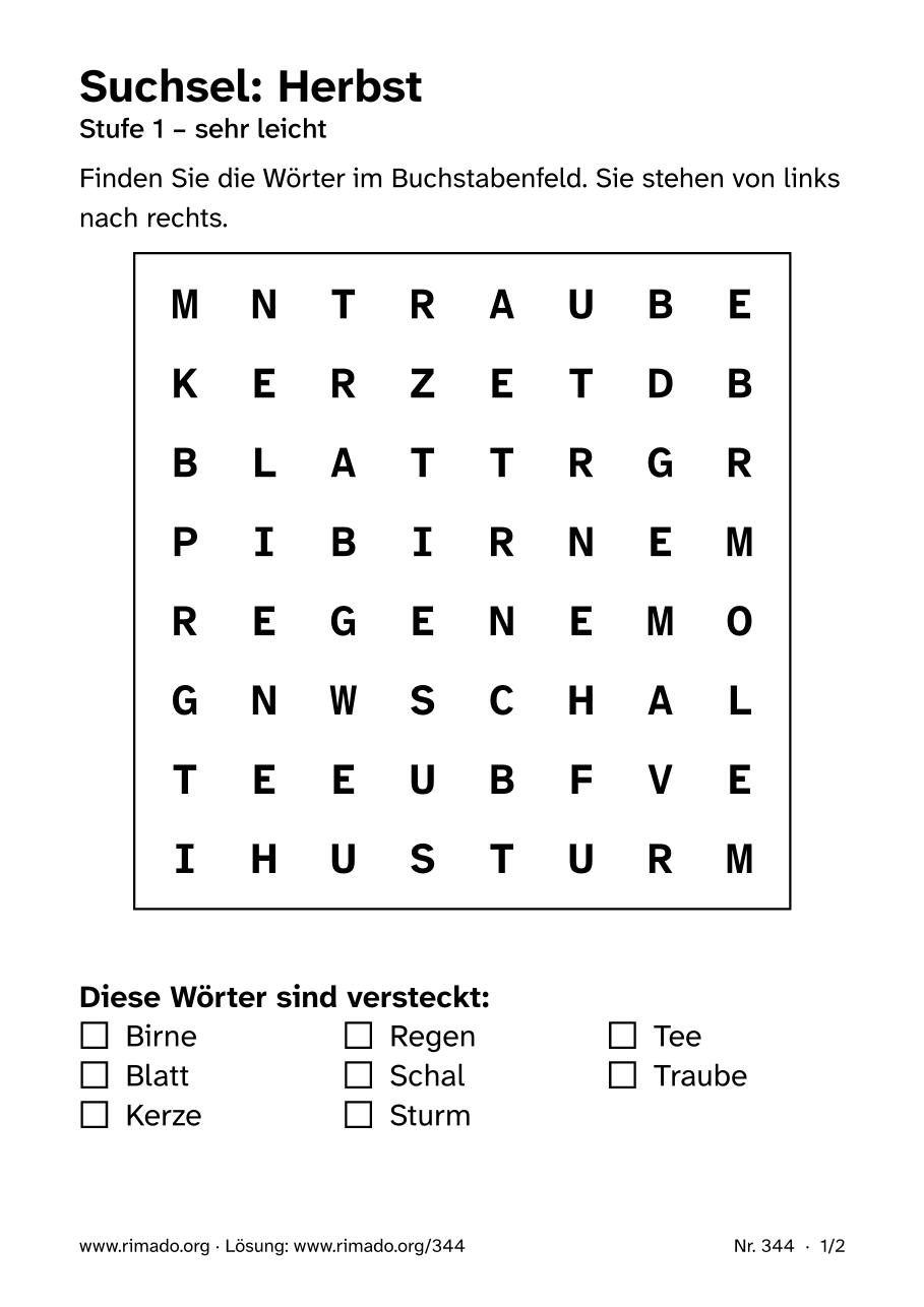 Vorschau der Druckseite: Suchsel „Herbst“, Nr. 344