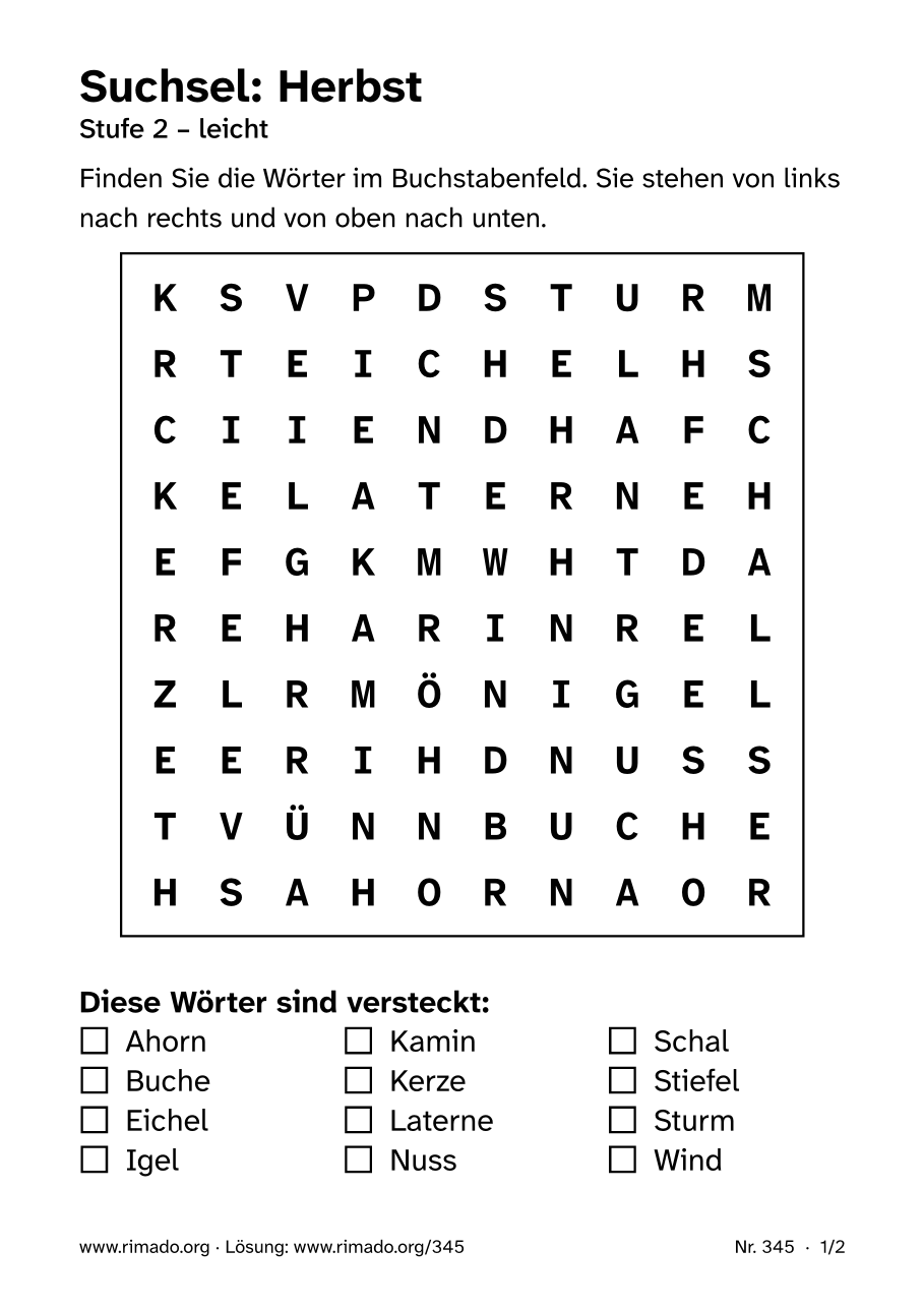 Vorschau der Druckseite: Suchsel „Herbst“, Nr. 345