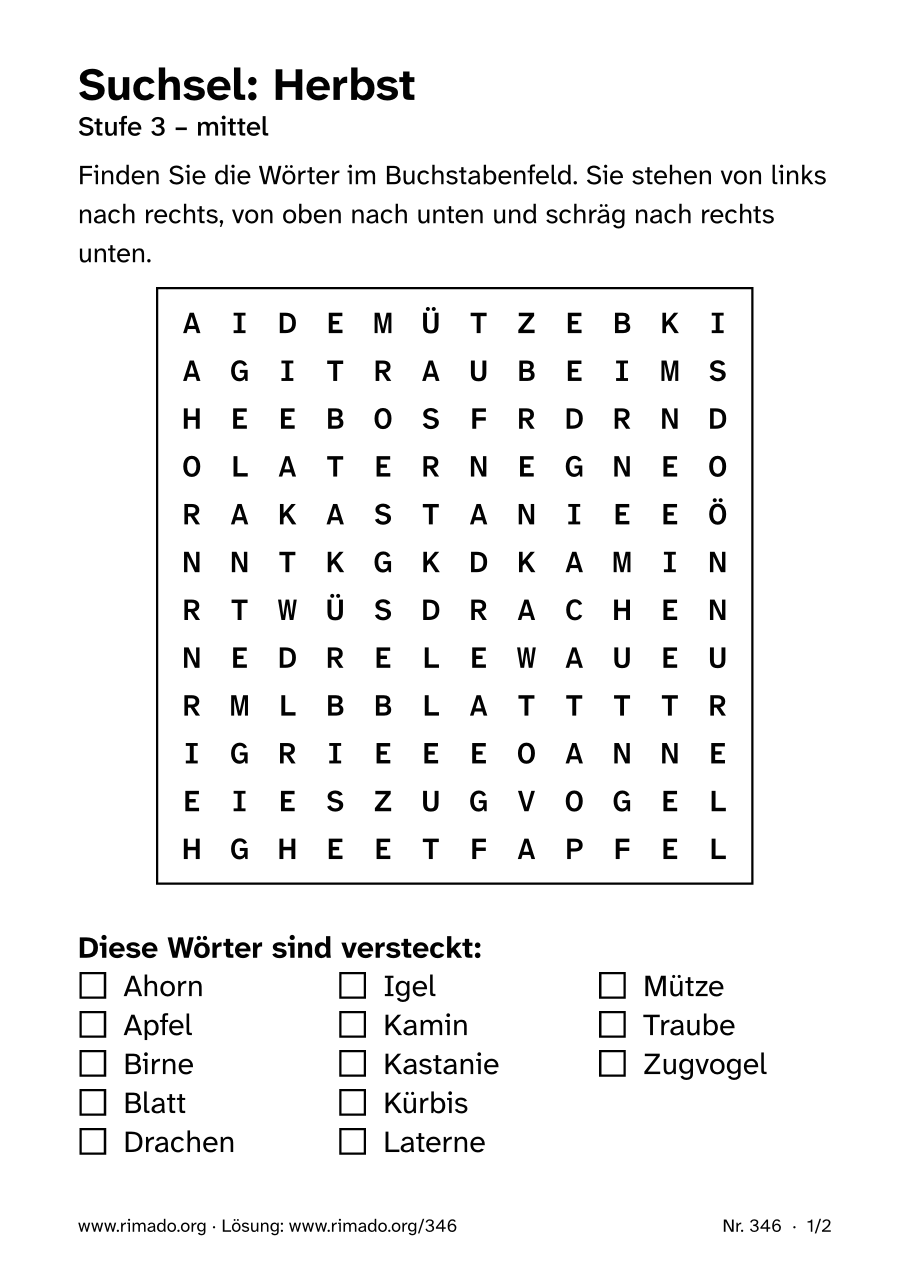 Vorschau der Druckseite: Suchsel „Herbst“, Nr. 346