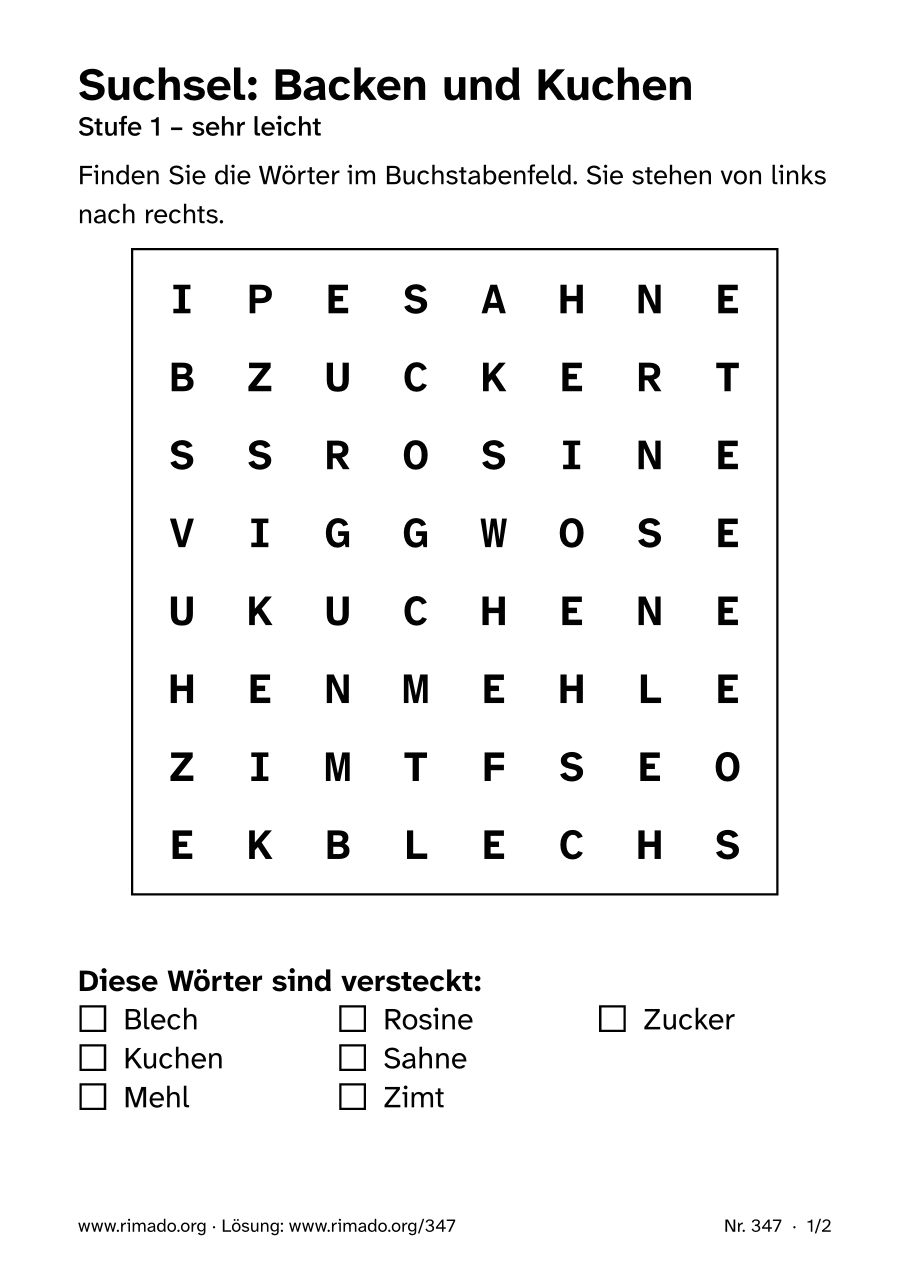 Vorschau der Druckseite: Suchsel „Backen und Kuchen“, Nr. 347