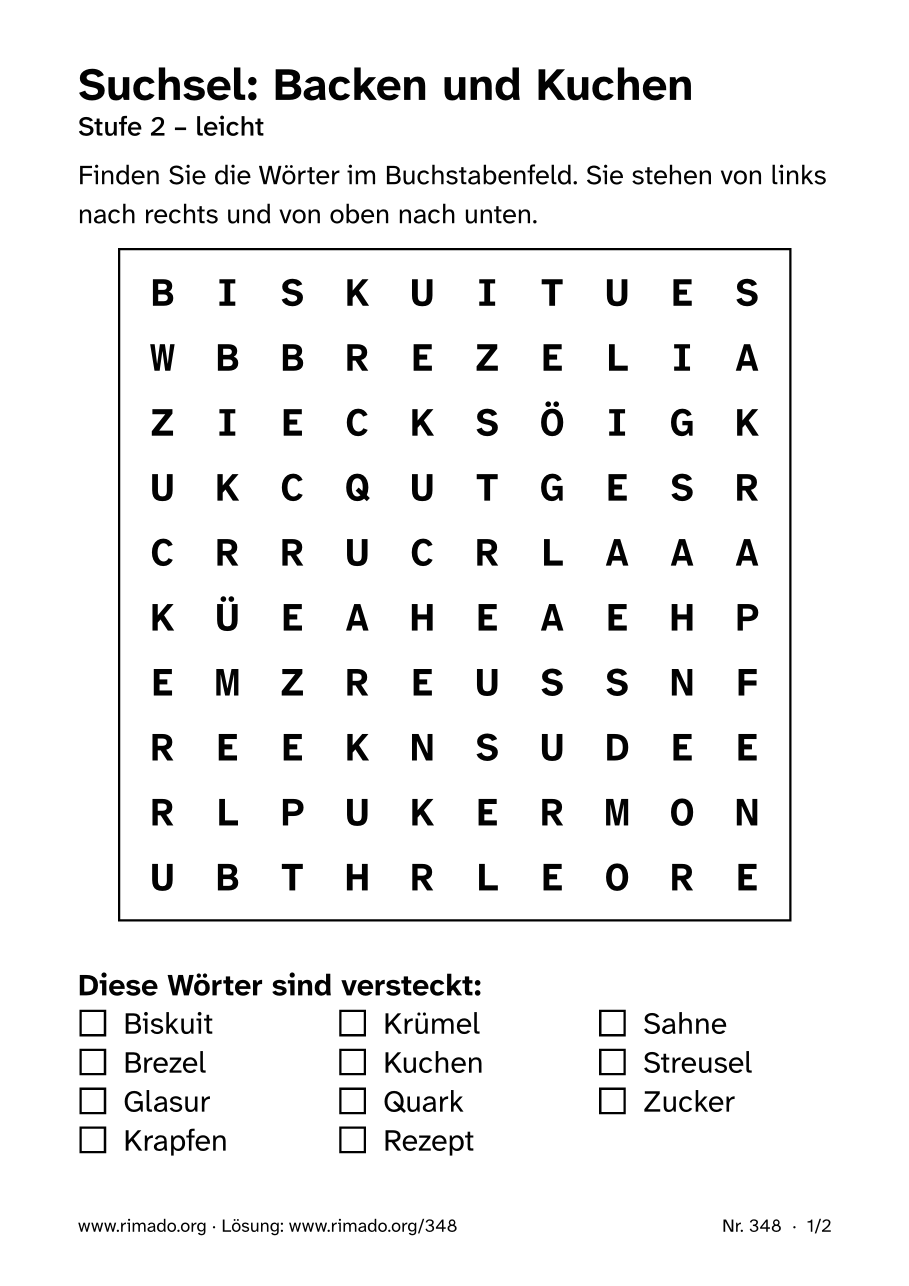 Vorschau der Druckseite: Suchsel „Backen und Kuchen“, Nr. 348
