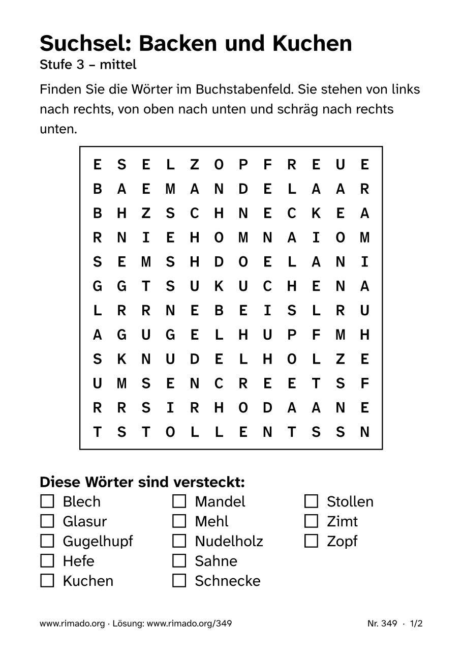 Vorschau der Druckseite: Suchsel „Backen und Kuchen“, Nr. 349