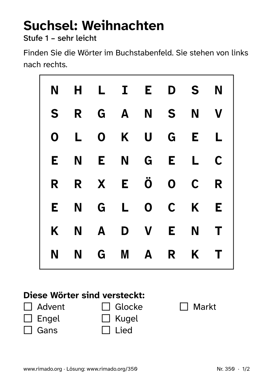 Vorschau der Druckseite: Suchsel „Weihnachten“, Nr. 350