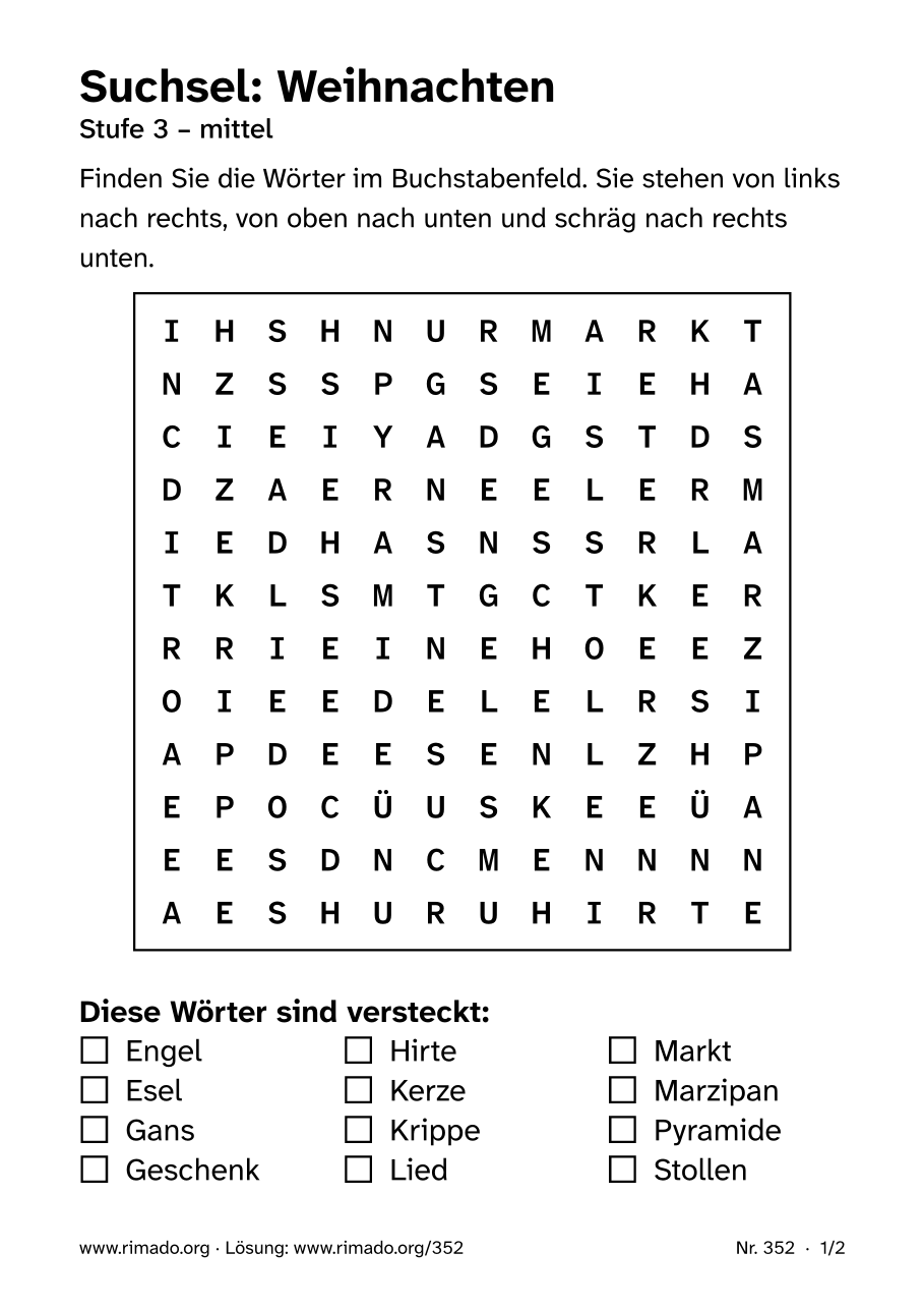 Vorschau der Druckseite: Suchsel „Weihnachten“, Nr. 352