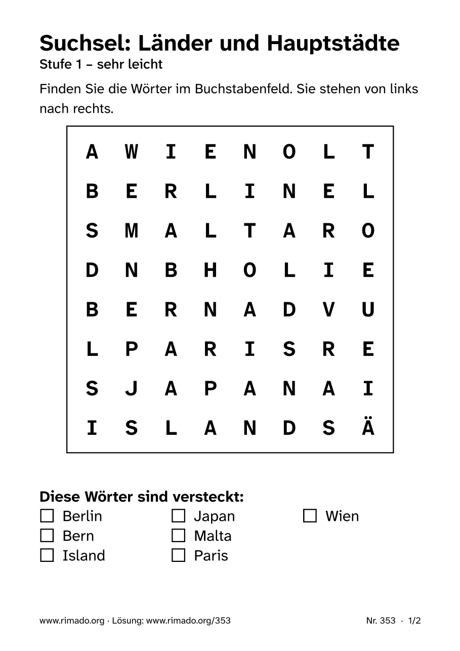 Vorschau der Druckseite: Suchsel „Länder und Hauptstädte“, Nr. 353