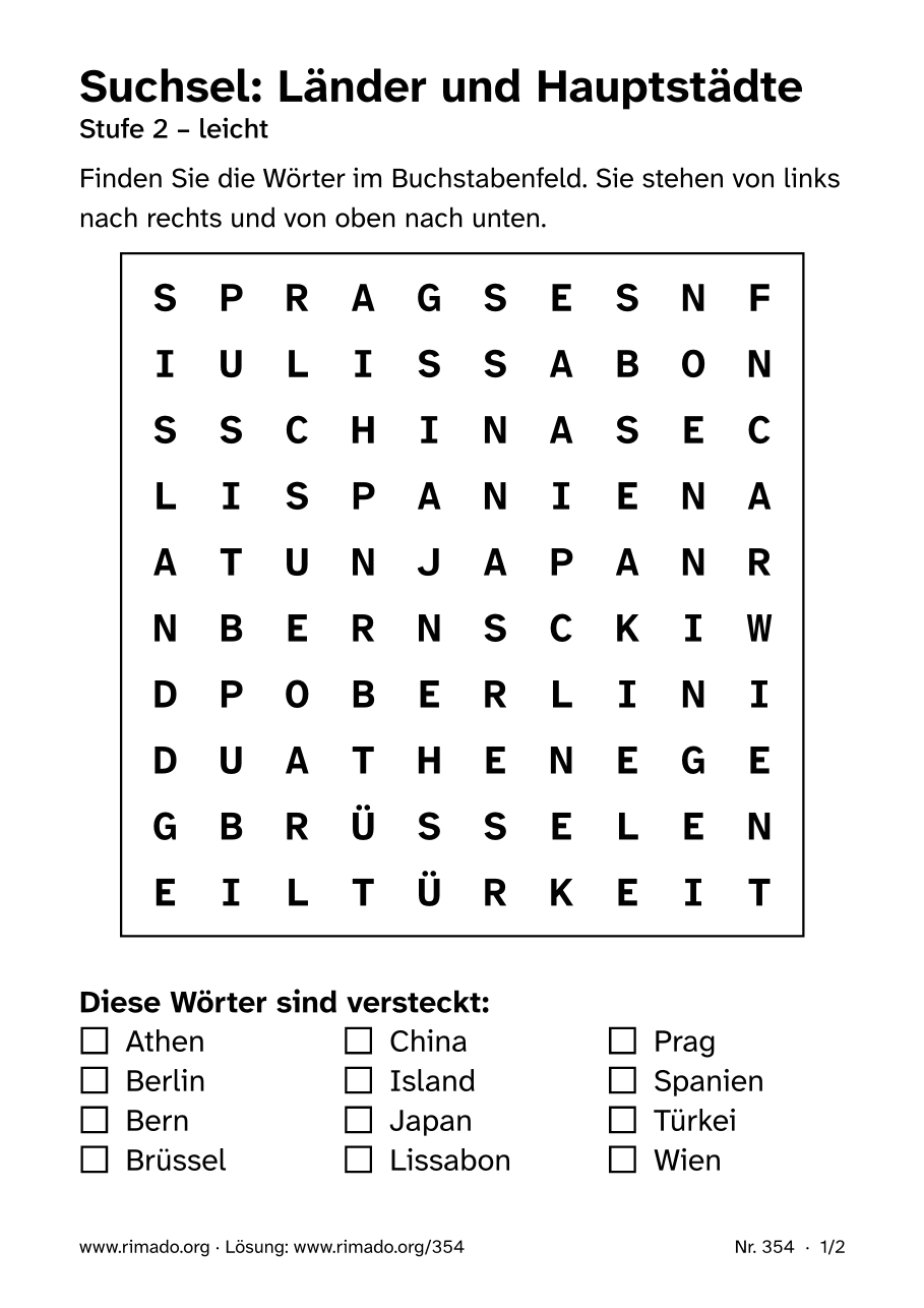Vorschau der Druckseite: Suchsel „Länder und Hauptstädte“, Nr. 354