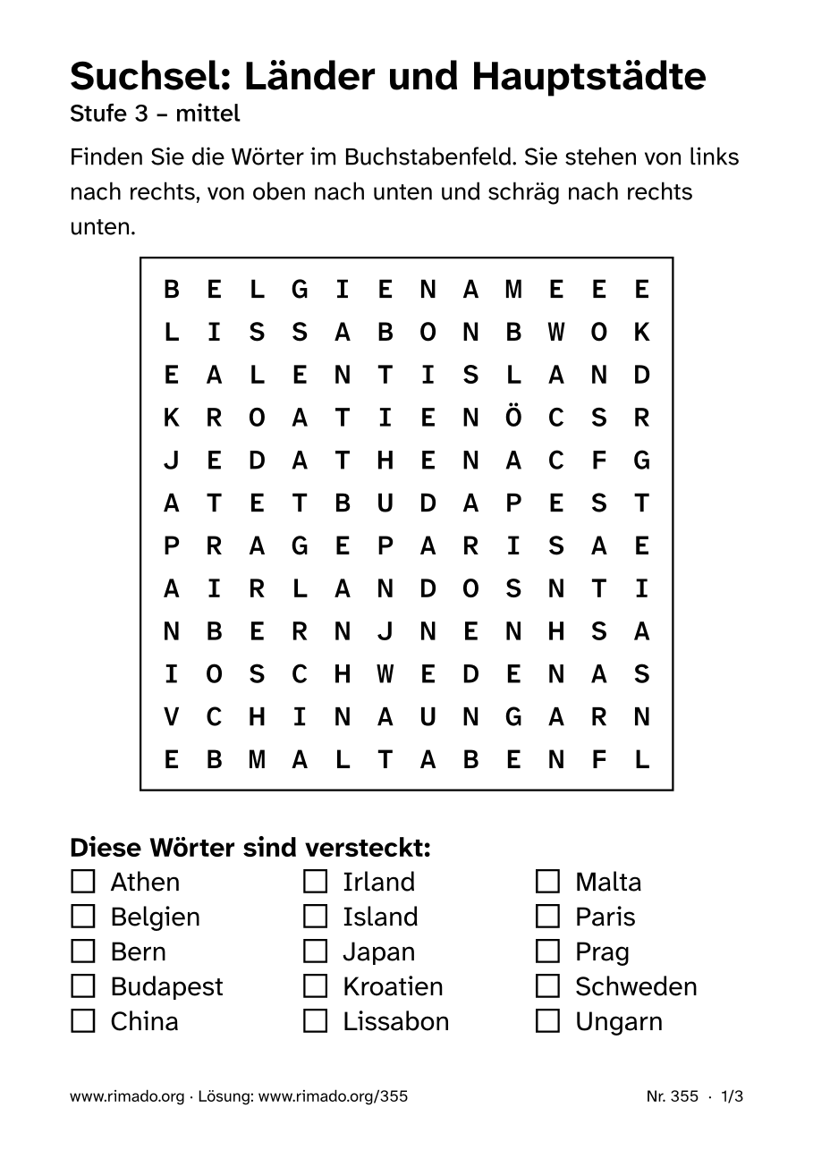 Vorschau der Druckseite: Suchsel „Länder und Hauptstädte“, Nr. 355