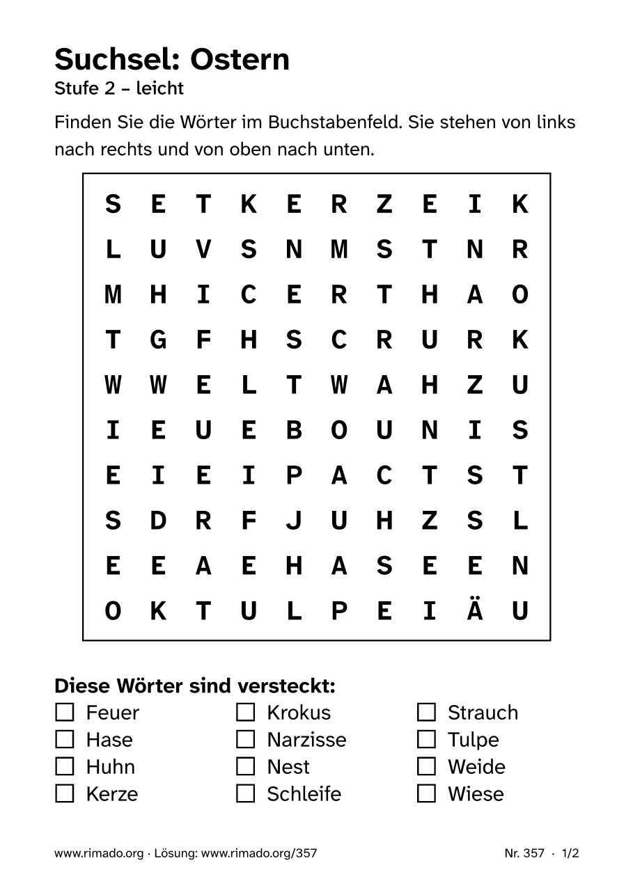 Vorschau der Druckseite: Suchsel „Ostern“, Nr. 357