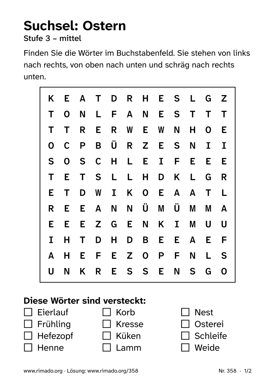 Vorschau der Druckseite: Suchsel „Ostern“, Nr. 358