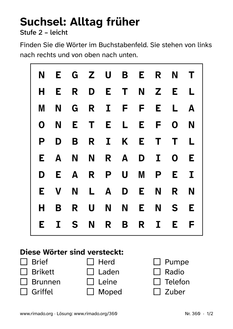 Vorschau der Druckseite: Suchsel „Alltag früher“, Nr. 360