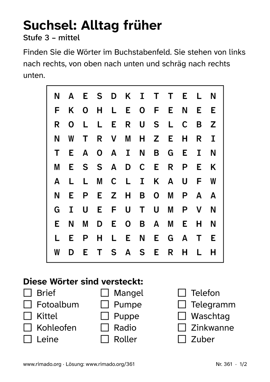 Vorschau der Druckseite: Suchsel „Alltag früher“, Nr. 361
