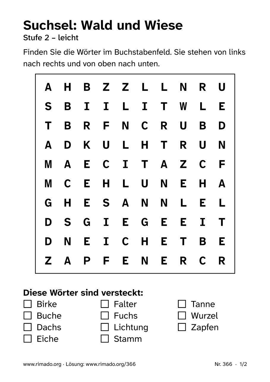 Vorschau der Druckseite: Suchsel „Wald und Wiese“, Nr. 366