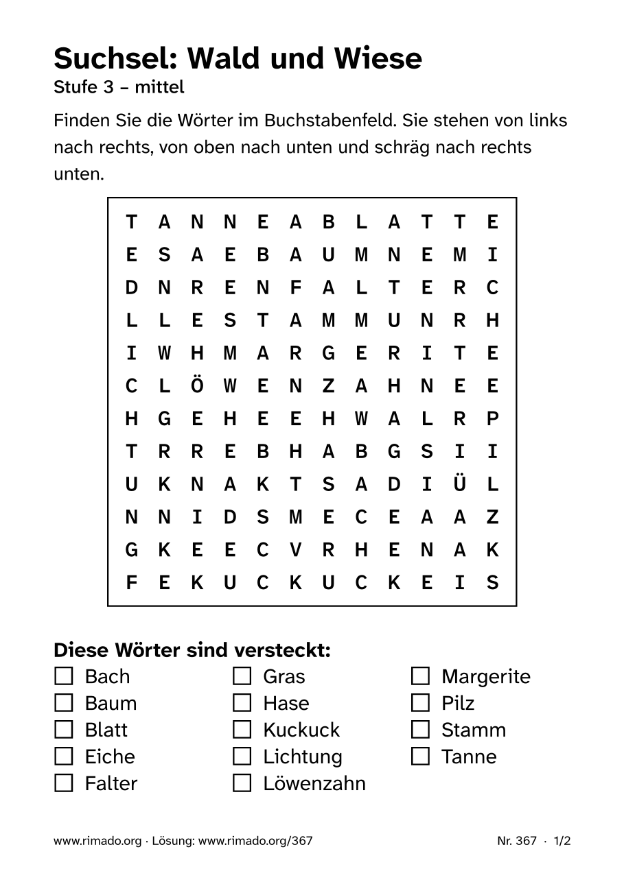 Vorschau der Druckseite: Suchsel „Wald und Wiese“, Nr. 367
