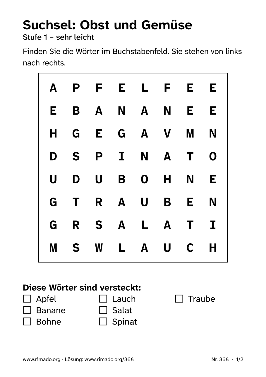 Vorschau der Druckseite: Suchsel „Obst und Gemüse“, Nr. 368
