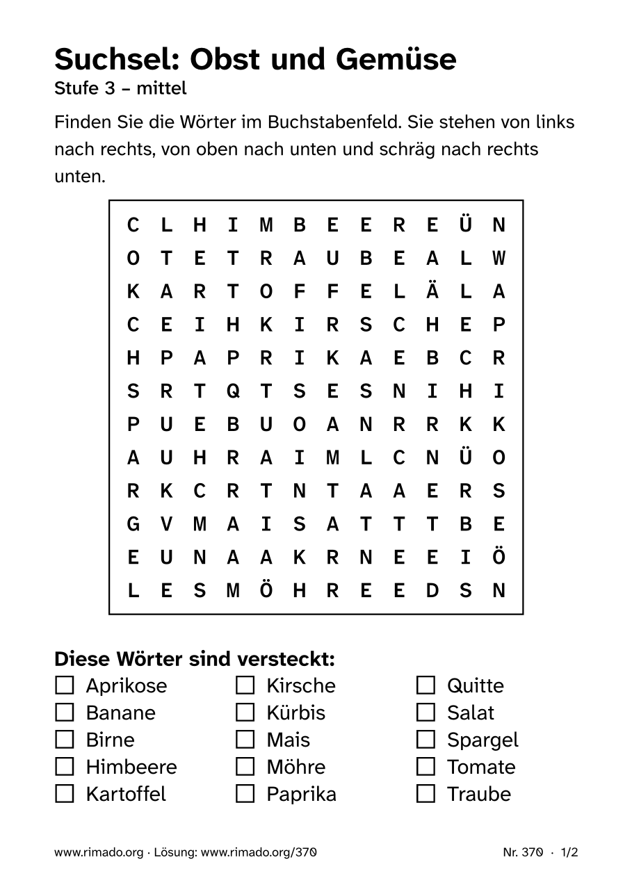 Vorschau der Druckseite: Suchsel „Obst und Gemüse“, Nr. 370