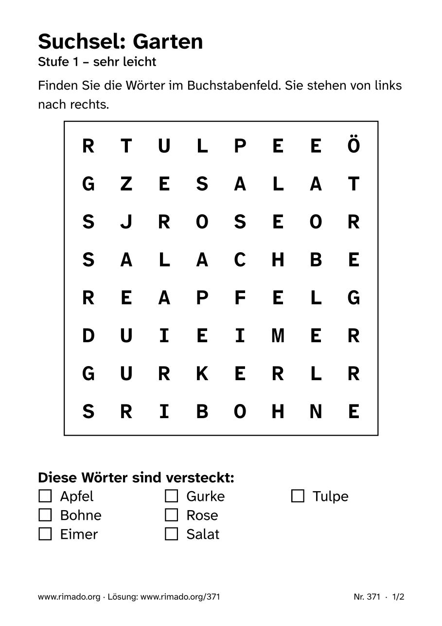 Vorschau der Druckseite: Suchsel „Garten“, Nr. 371