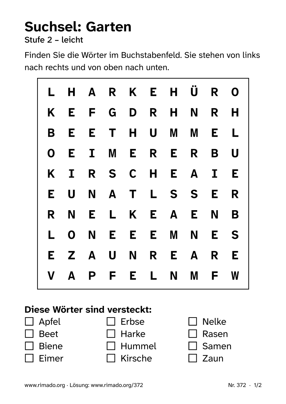 Vorschau der Druckseite: Suchsel „Garten“, Nr. 372