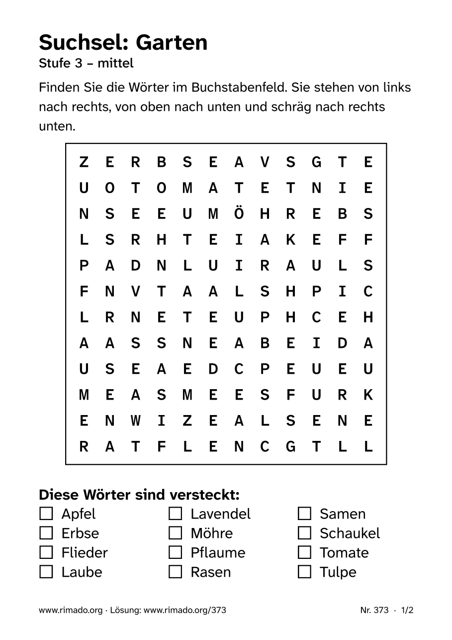 Vorschau der Druckseite: Suchsel „Garten“, Nr. 373