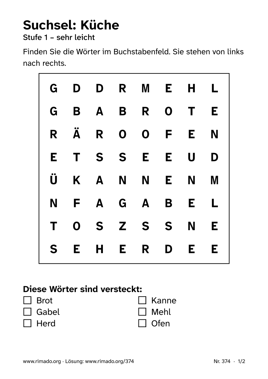 Vorschau der Druckseite: Suchsel „Küche“, Nr. 374