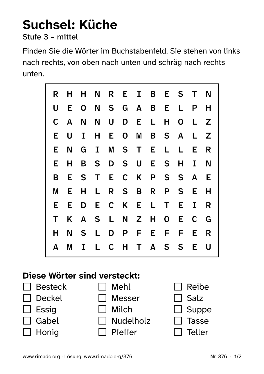 Vorschau der Druckseite: Suchsel „Küche“, Nr. 376