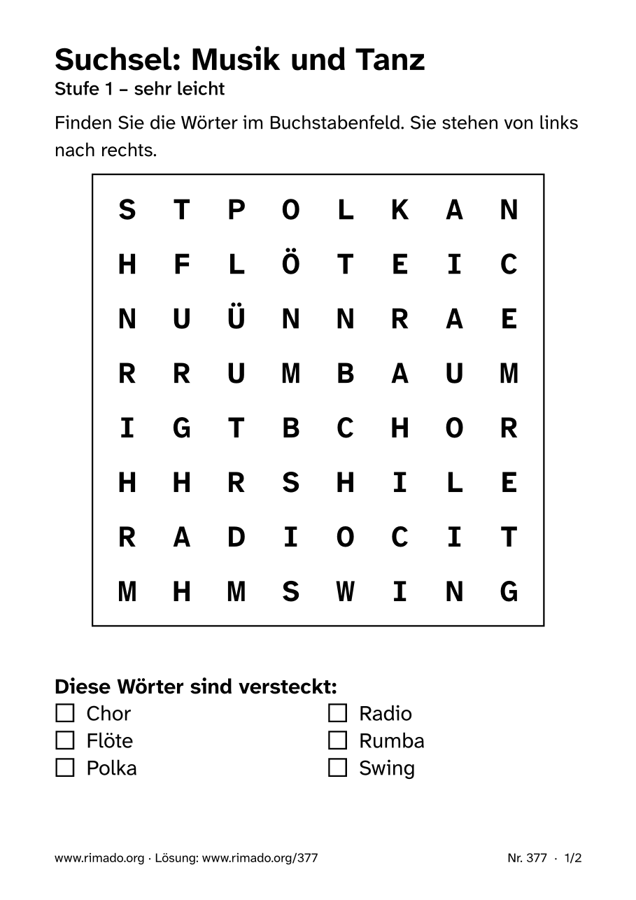 Vorschau der Druckseite: Suchsel „Musik und Tanz“, Nr. 377