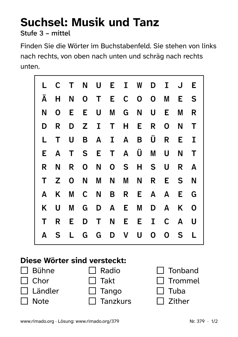Vorschau der Druckseite: Suchsel „Musik und Tanz“, Nr. 379