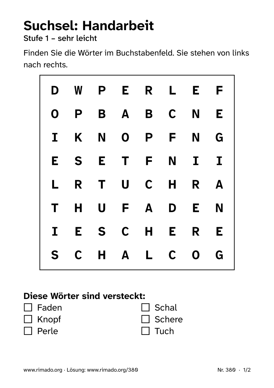 Vorschau der Druckseite: Suchsel „Handarbeit“, Nr. 380