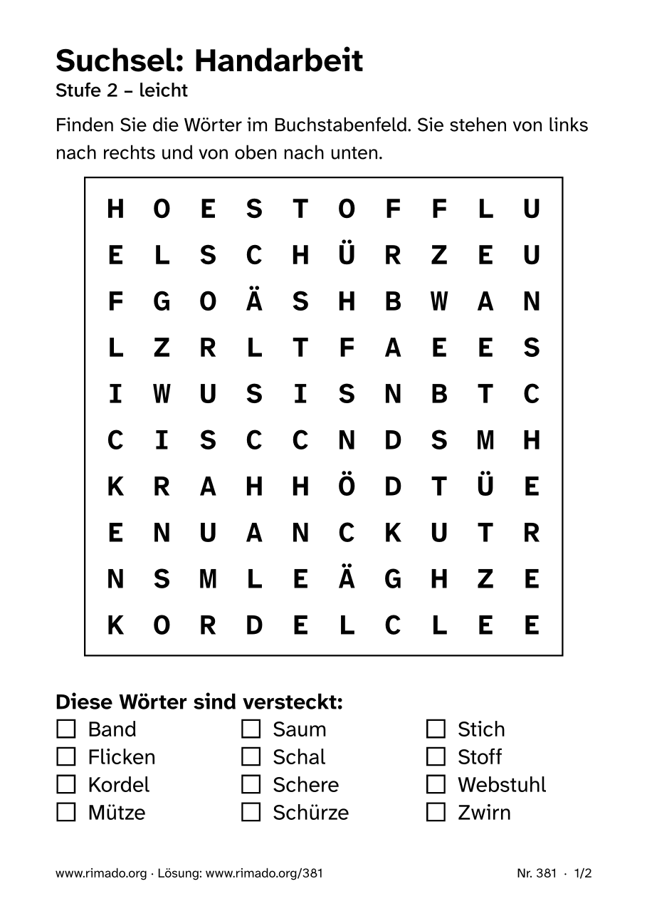 Vorschau der Druckseite: Suchsel „Handarbeit“, Nr. 381