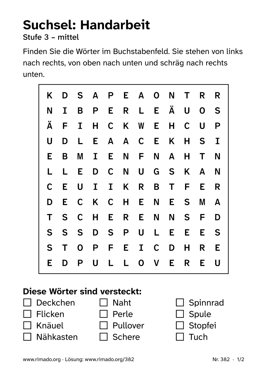 Vorschau der Druckseite: Suchsel „Handarbeit“, Nr. 382