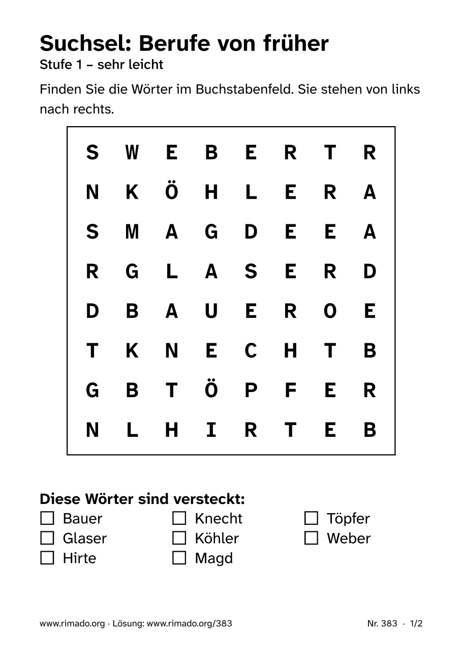 Vorschau der Druckseite: Suchsel „Berufe von früher“, Nr. 383