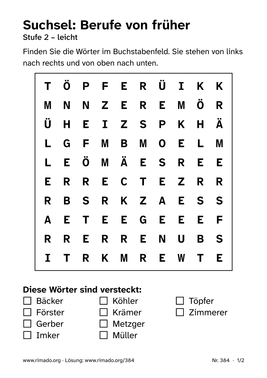 Vorschau der Druckseite: Suchsel „Berufe von früher“, Nr. 384