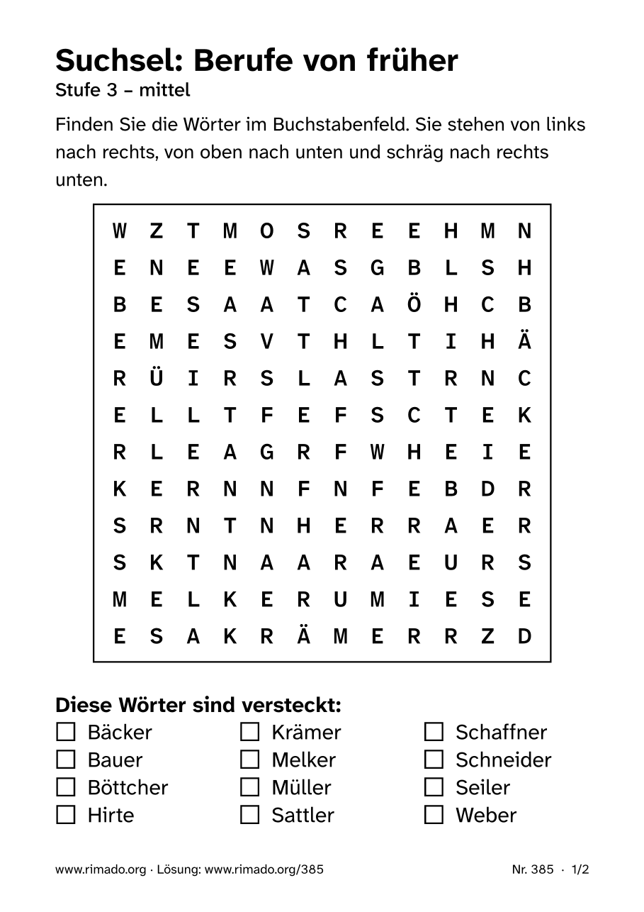 Vorschau der Druckseite: Suchsel „Berufe von früher“, Nr. 385