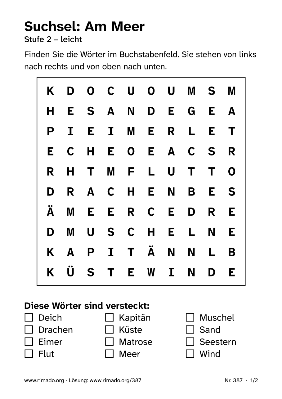 Vorschau der Druckseite: Suchsel „Am Meer“, Nr. 387