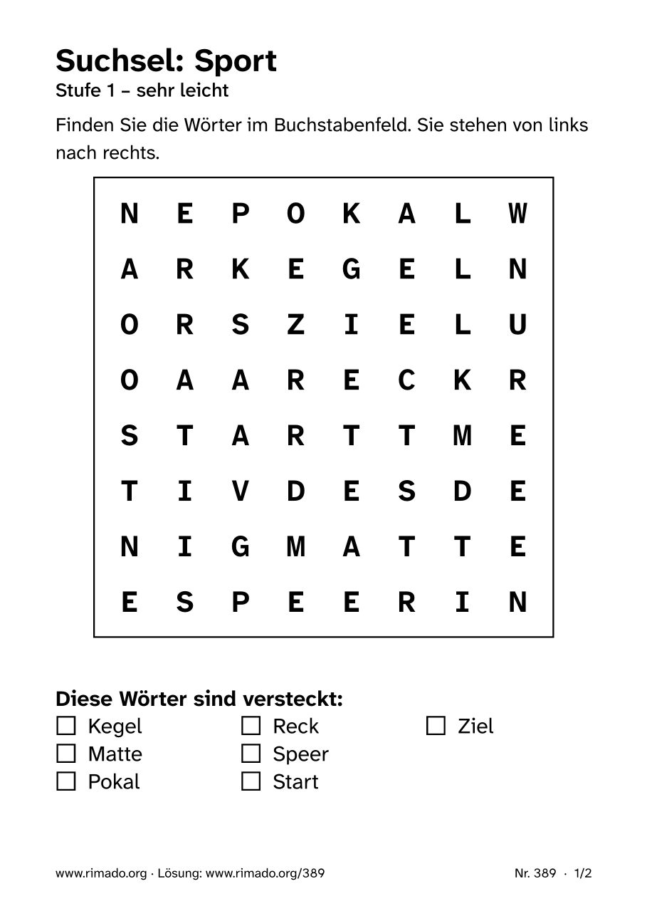 Vorschau der Druckseite: Suchsel „Sport“, Nr. 389