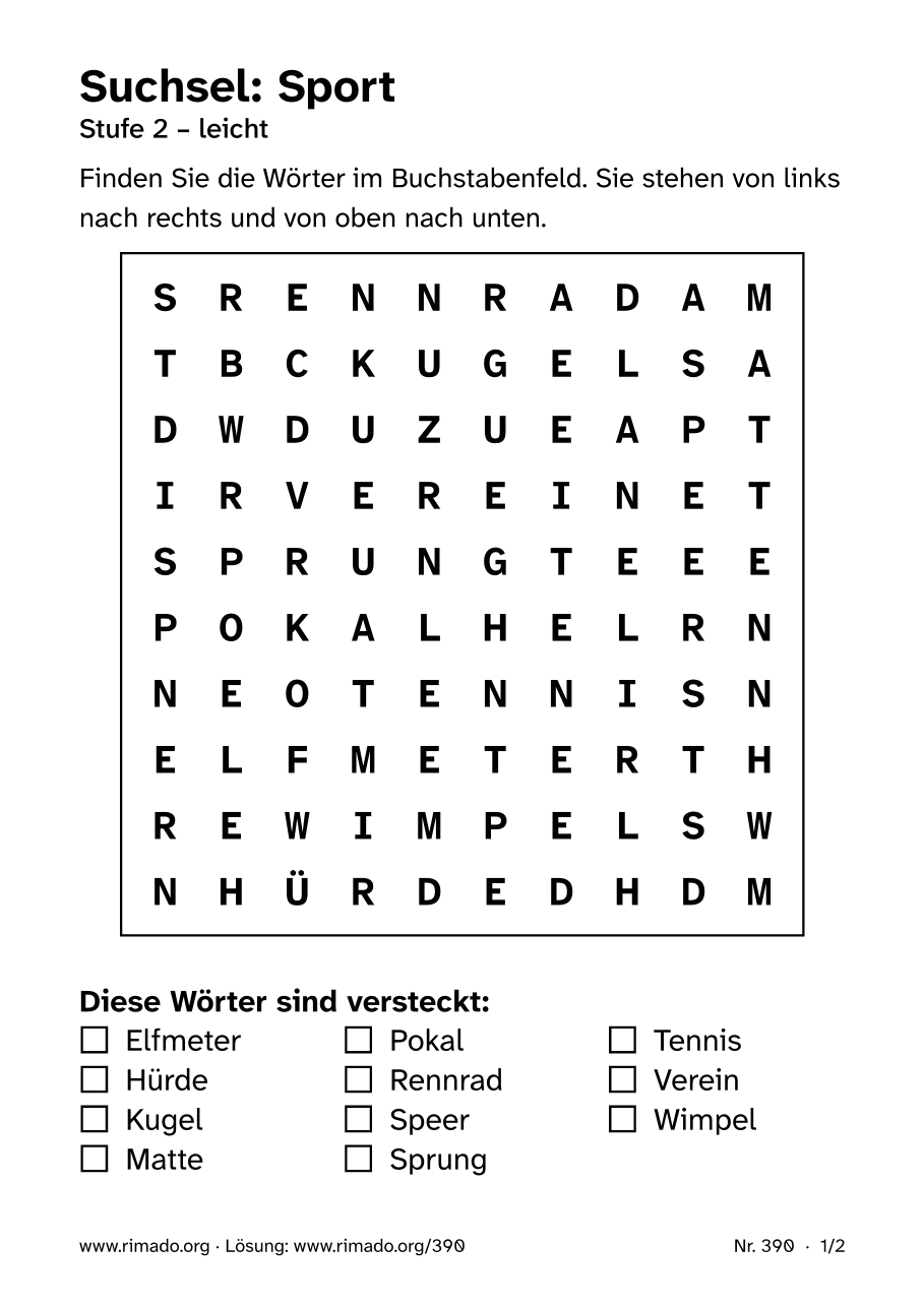 Vorschau der Druckseite: Suchsel „Sport“, Nr. 390