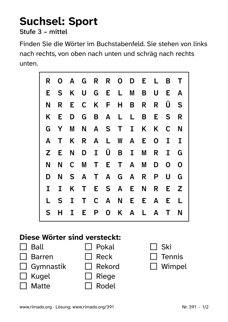 Vorschau der Druckseite: Suchsel „Sport“, Nr. 391