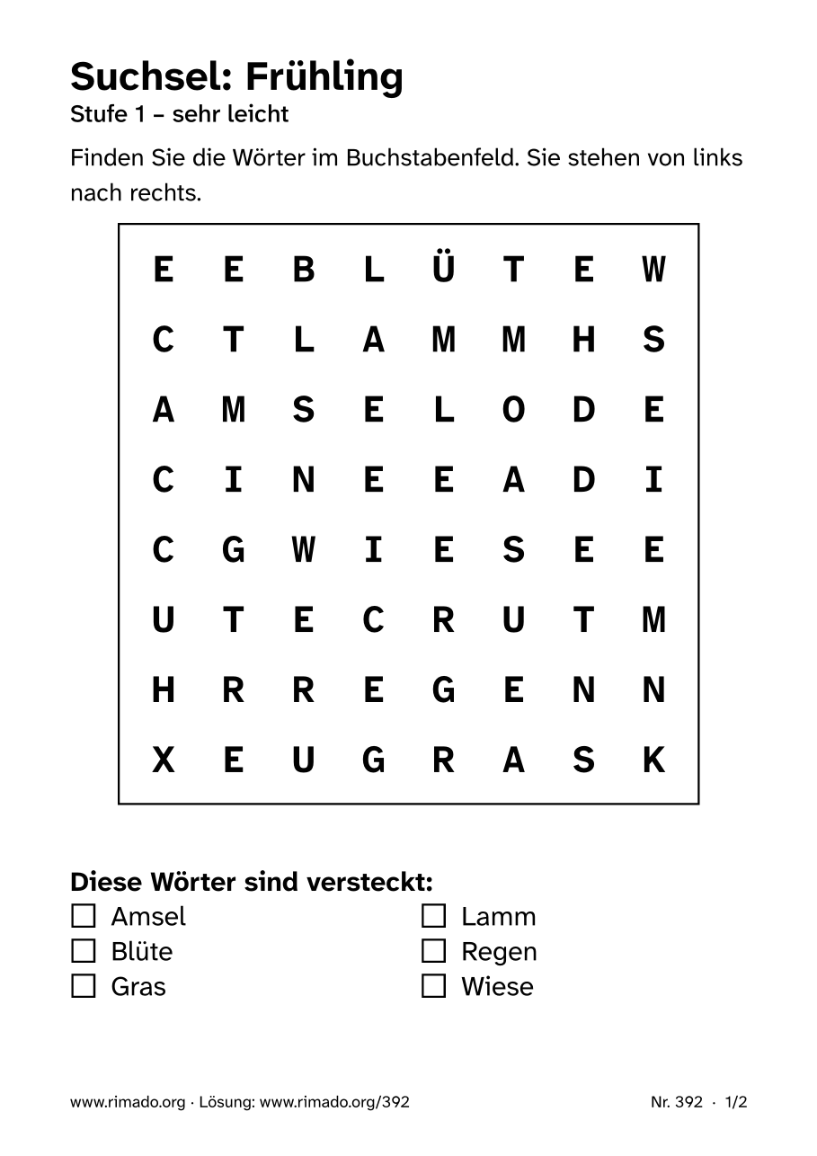 Vorschau der Druckseite: Suchsel „Frühling“, Nr. 392