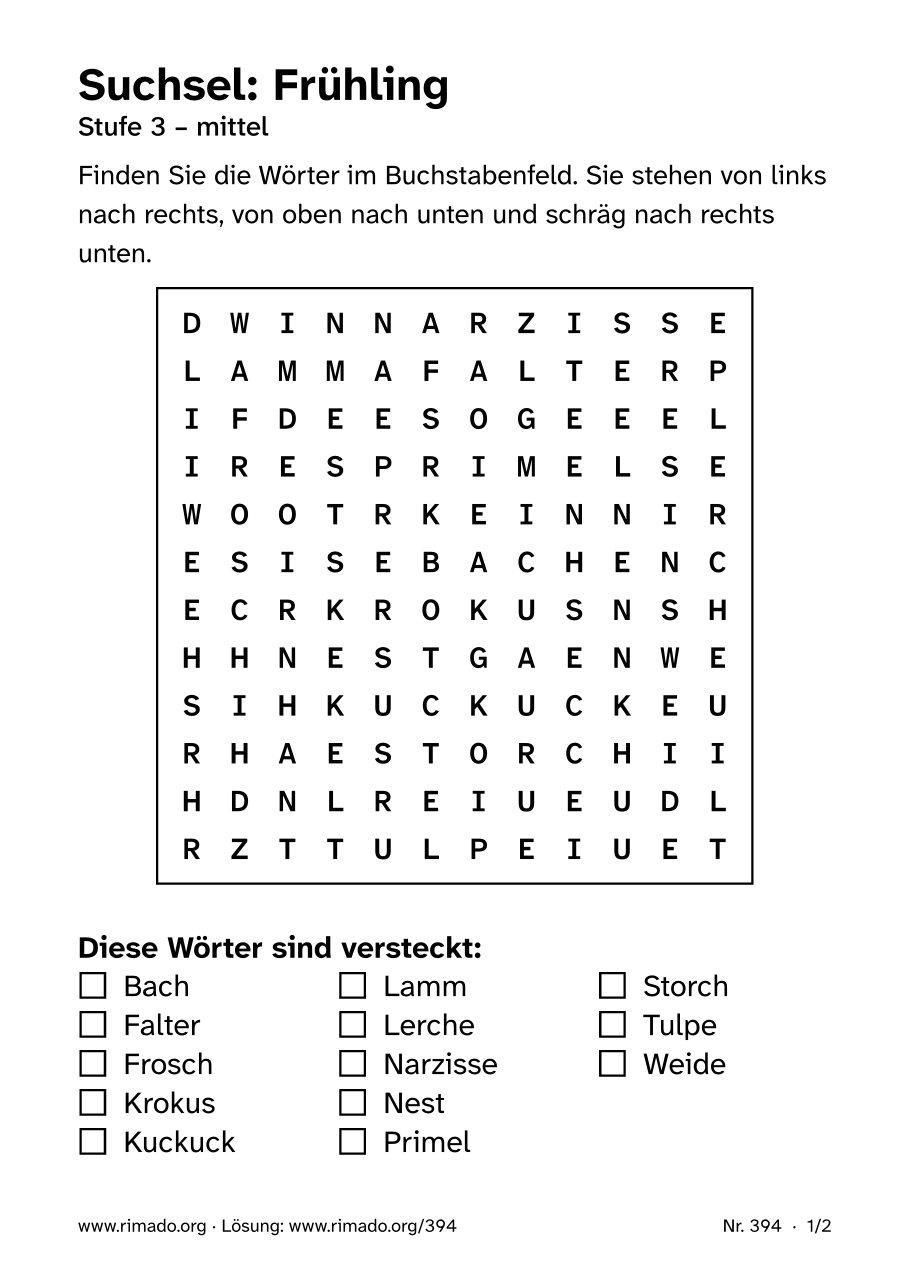 Vorschau der Druckseite: Suchsel „Frühling“, Nr. 394