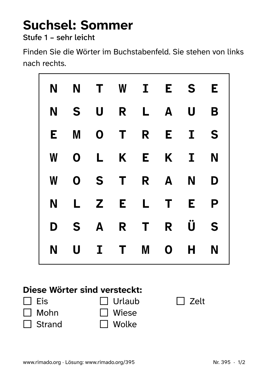Vorschau der Druckseite: Suchsel „Sommer“, Nr. 395