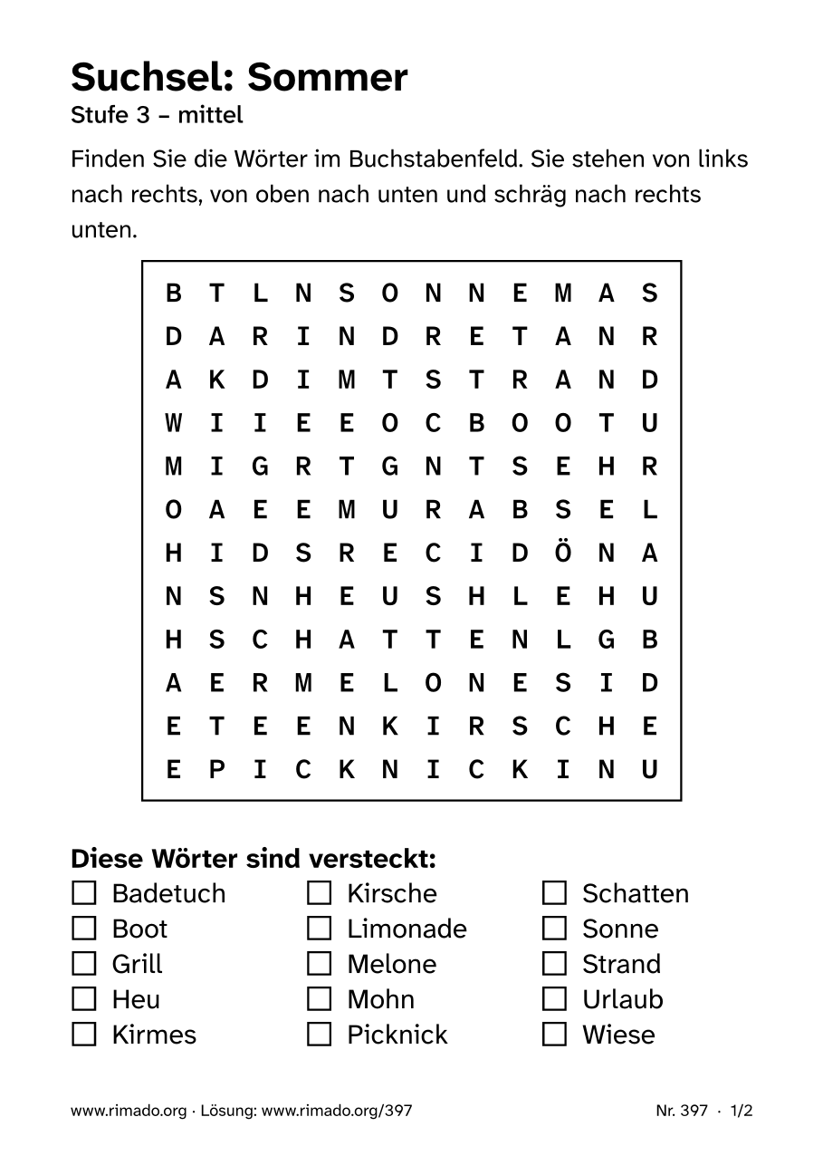 Vorschau der Druckseite: Suchsel „Sommer“, Nr. 397