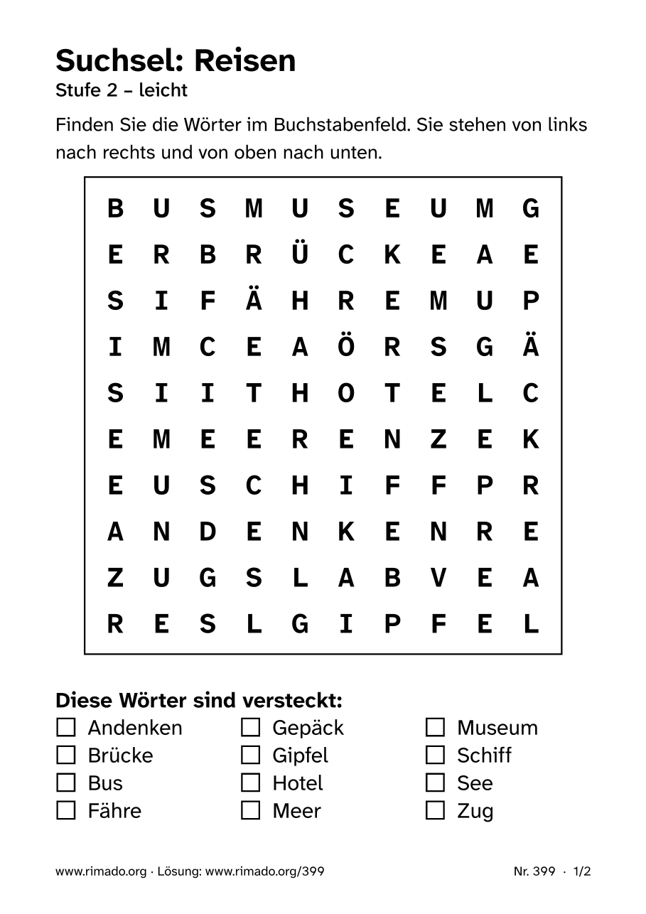 Vorschau der Druckseite: Suchsel „Reisen“, Nr. 399