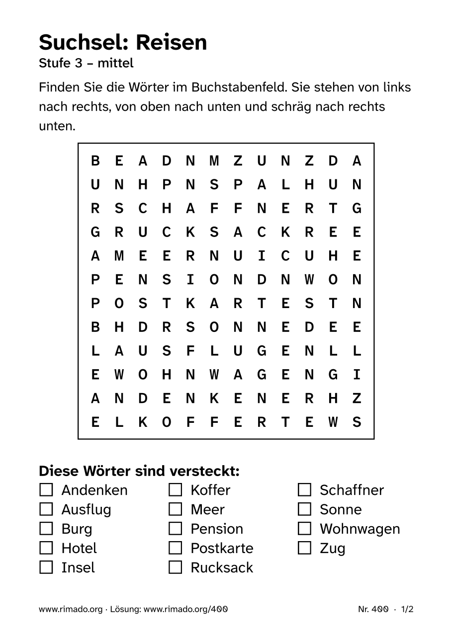 Vorschau der Druckseite: Suchsel „Reisen“, Nr. 400