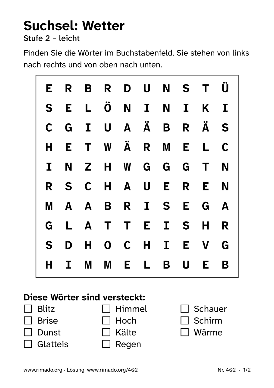 Vorschau der Druckseite: Suchsel „Wetter“, Nr. 402