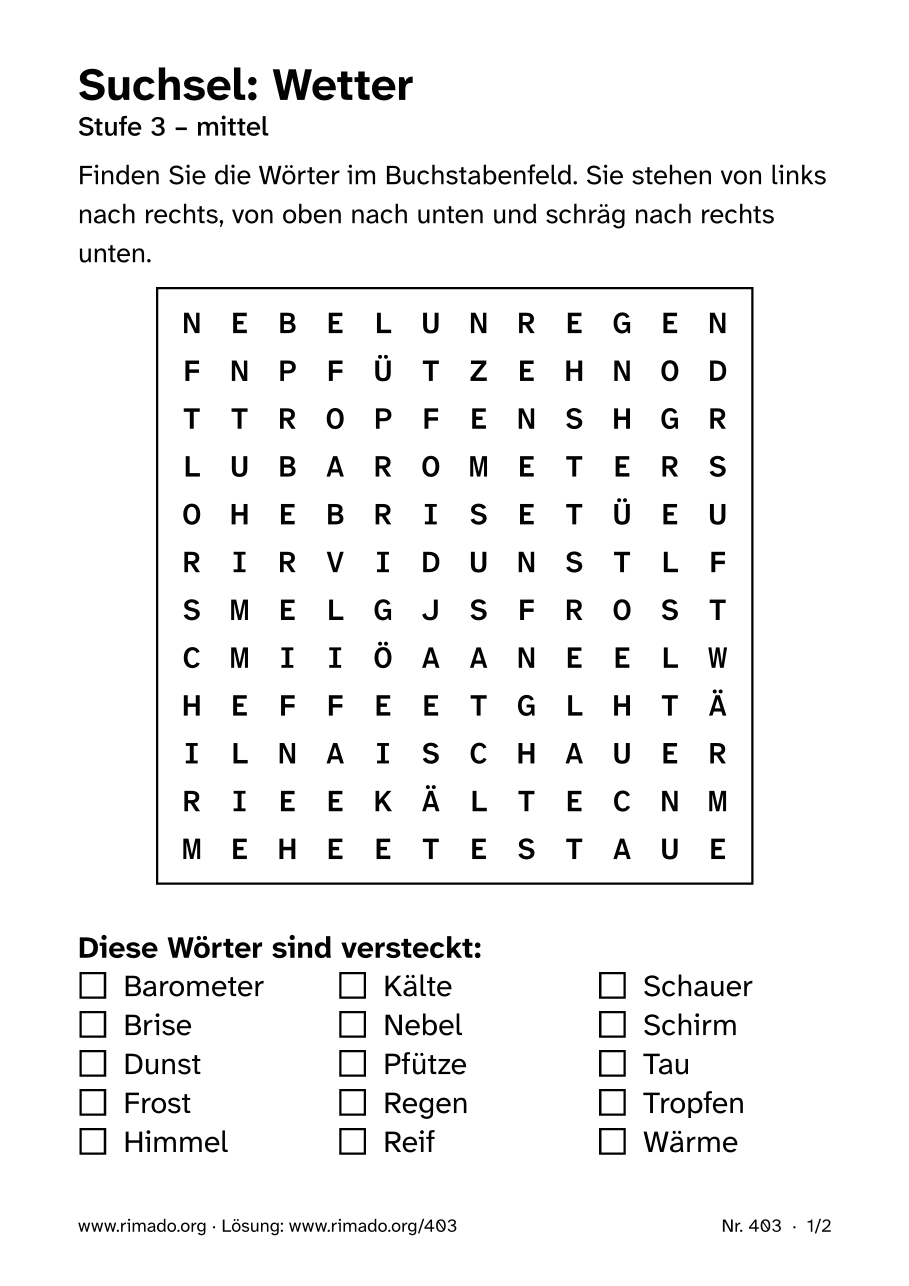 Vorschau der Druckseite: Suchsel „Wetter“, Nr. 403