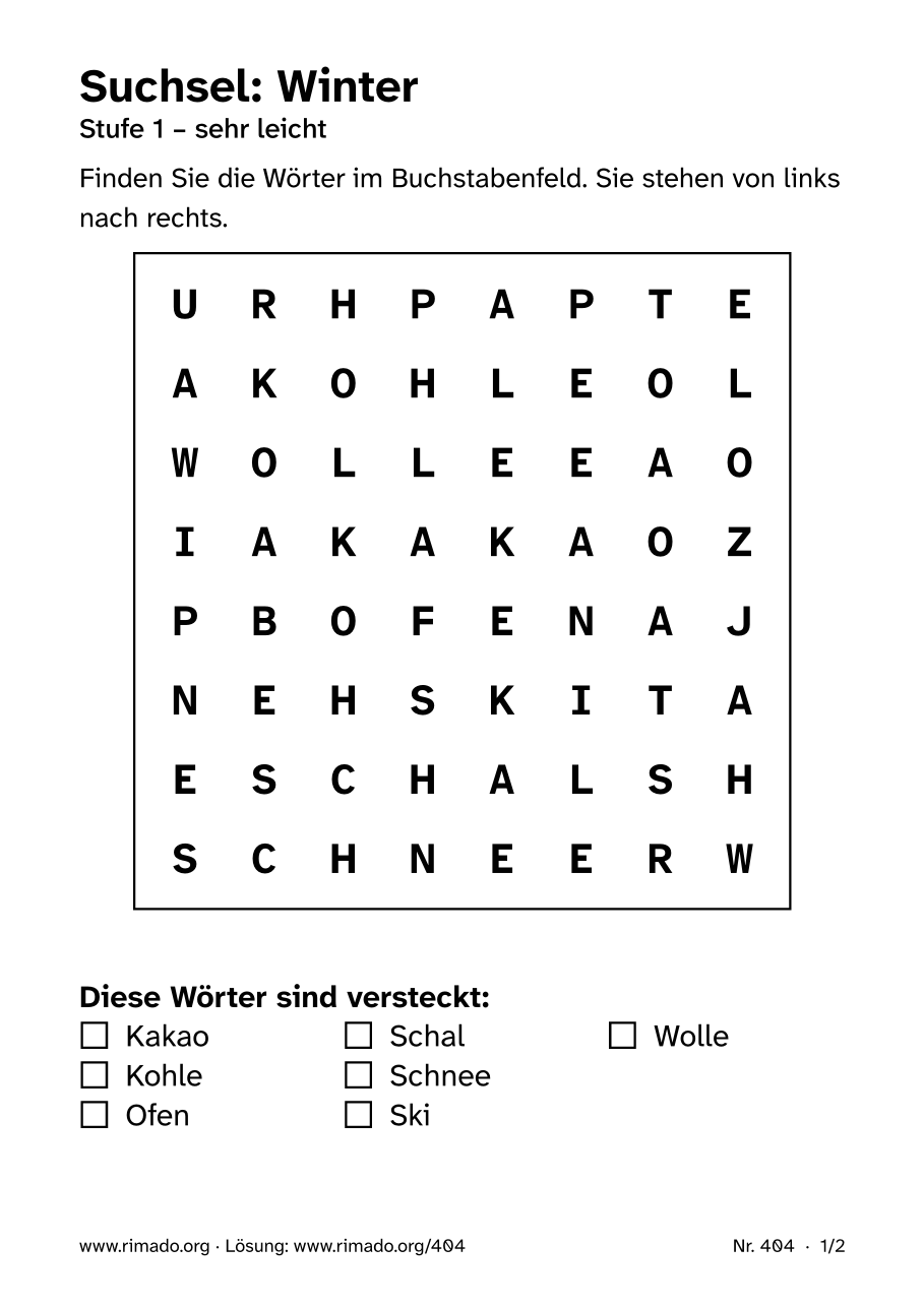 Vorschau der Druckseite: Suchsel „Winter“, Nr. 404
