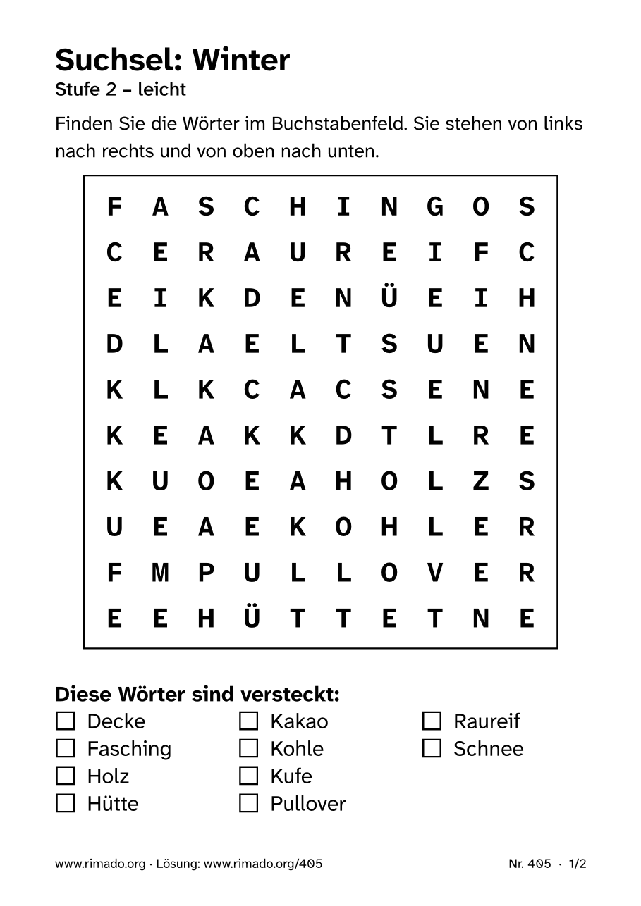 Vorschau der Druckseite: Suchsel „Winter“, Nr. 405