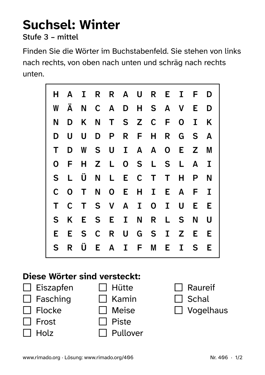 Vorschau der Druckseite: Suchsel „Winter“, Nr. 406