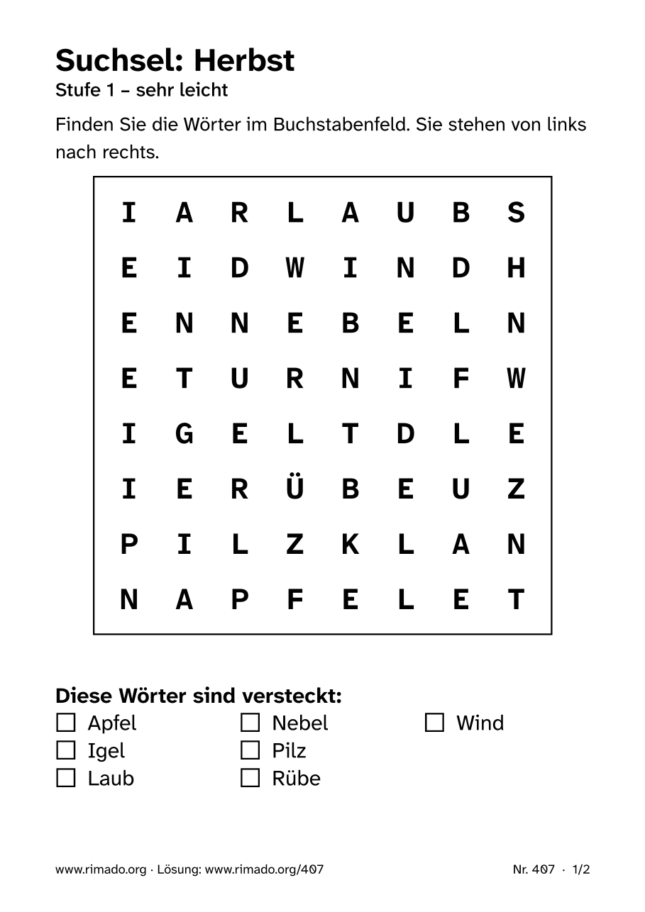 Vorschau der Druckseite: Suchsel „Herbst“, Nr. 407