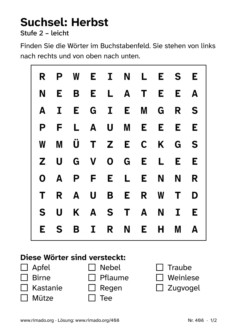 Vorschau der Druckseite: Suchsel „Herbst“, Nr. 408