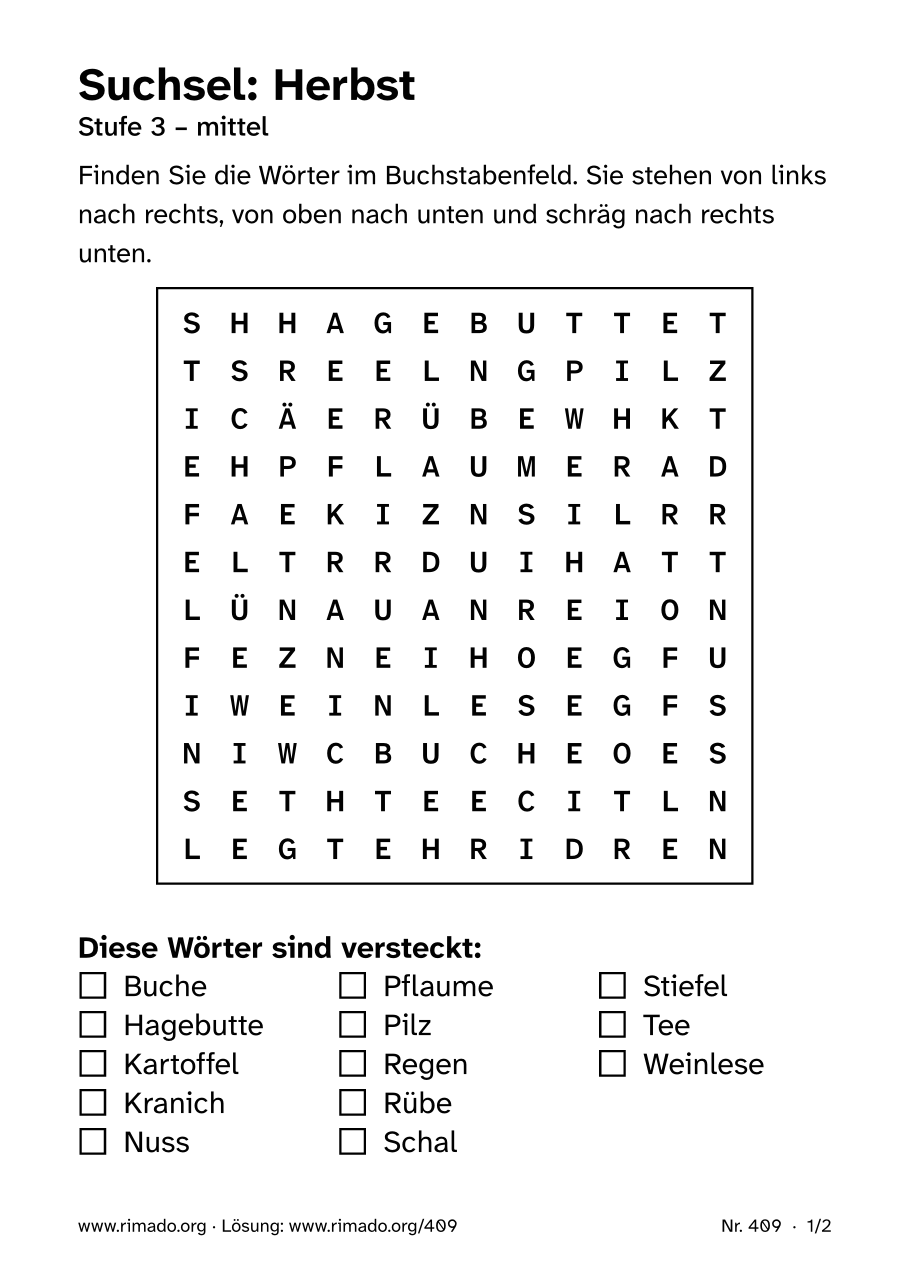 Vorschau der Druckseite: Suchsel „Herbst“, Nr. 409